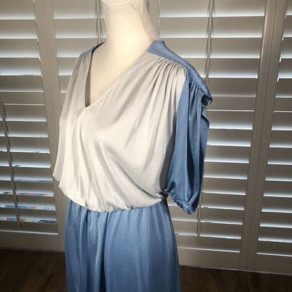 Vtg 70 Act I Blue Silver Blouson Disco Polyester Dress Medium Stretch 1/2 Sleeve - Picture 7 of 12